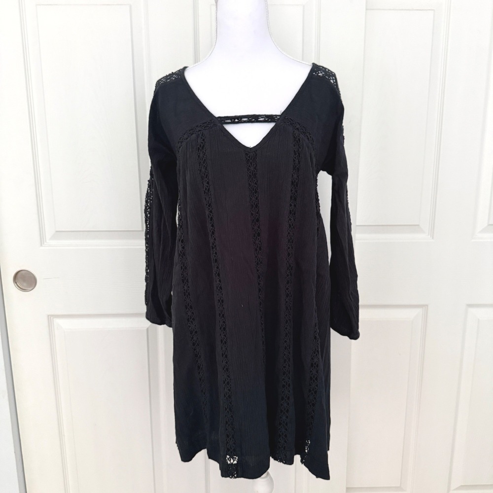 American Eagle Dress Womens XS Black Boho Lace Crochet Long Sleeve Mini V-Neck